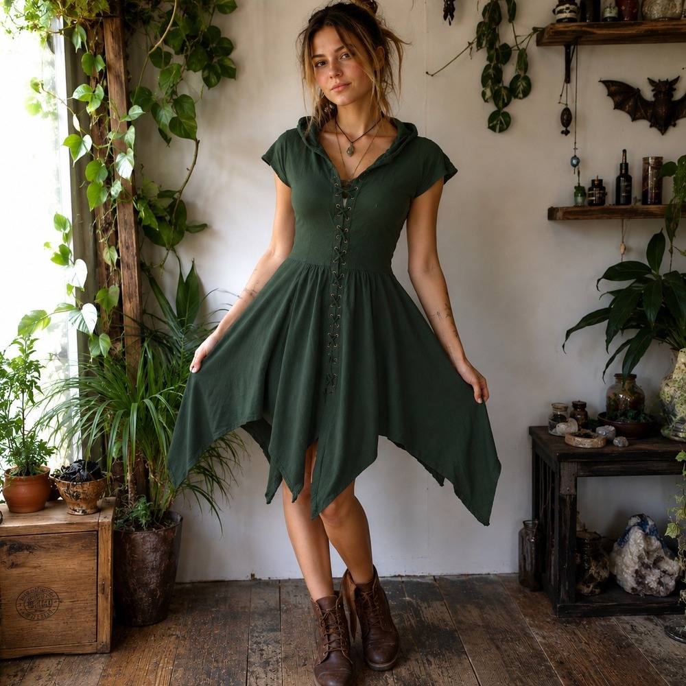 HolyClothing Forest Green Lace Up Hooded Handkerchief Hem Fairy Tunic Top 2X